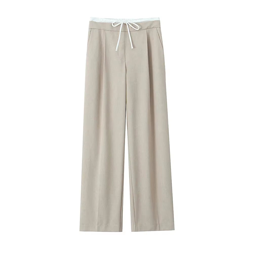 -Women'S Double Waistband Wide Leg Pants, High Elastic Waist with Drawstring, Side Pockets, Female Trousers, Chic Fashion
