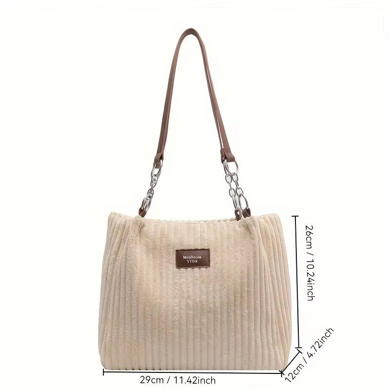 Women'S Corduroy Shoulder Bag, Solid Color Handbag, Fixed Shoulder Strap, Zipper Closure, Large Capacity, Simple and Fashion