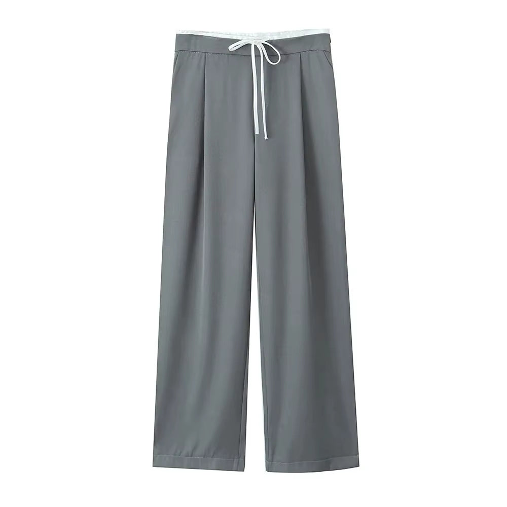 -Women'S Double Waistband Wide Leg Pants, High Elastic Waist with Drawstring, Side Pockets, Female Trousers, Chic Fashion