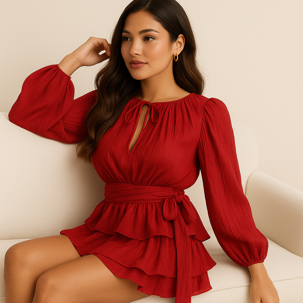 Mini robe chemisier uni, col en V, manches longues