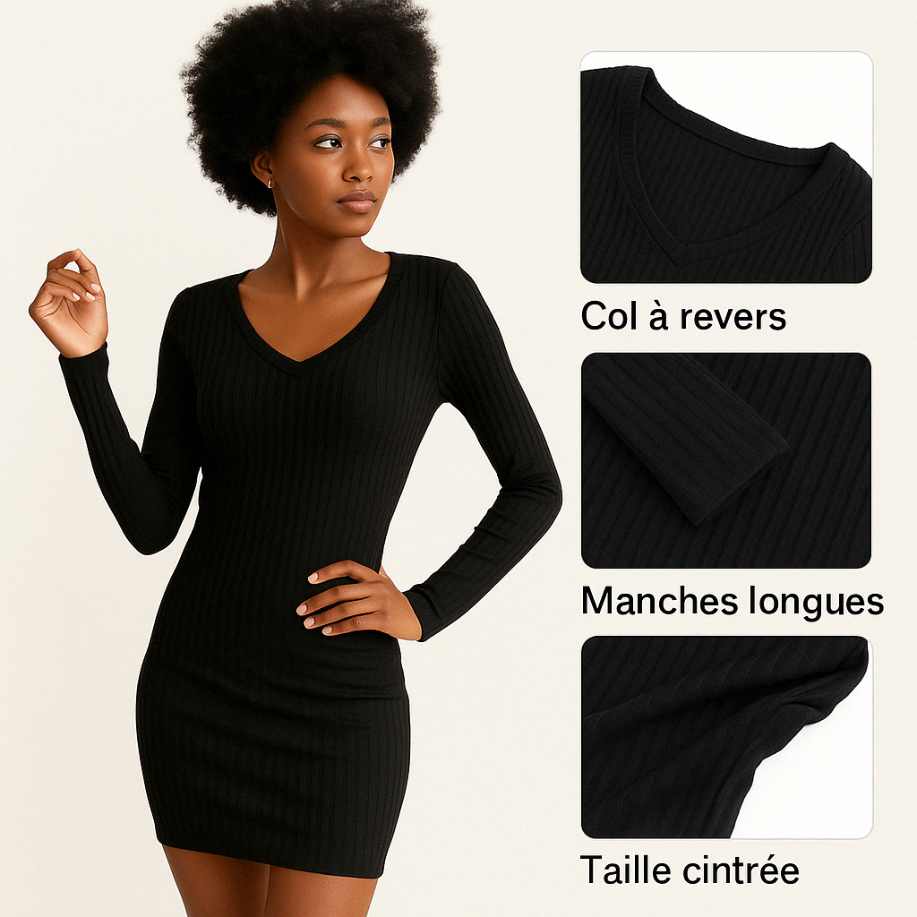 Robe courte décontractée, manches longues & col en V