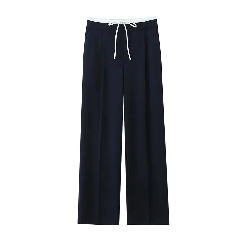 -Women'S Double Waistband Wide Leg Pants, High Elastic Waist with Drawstring, Side Pockets, Female Trousers, Chic Fashion