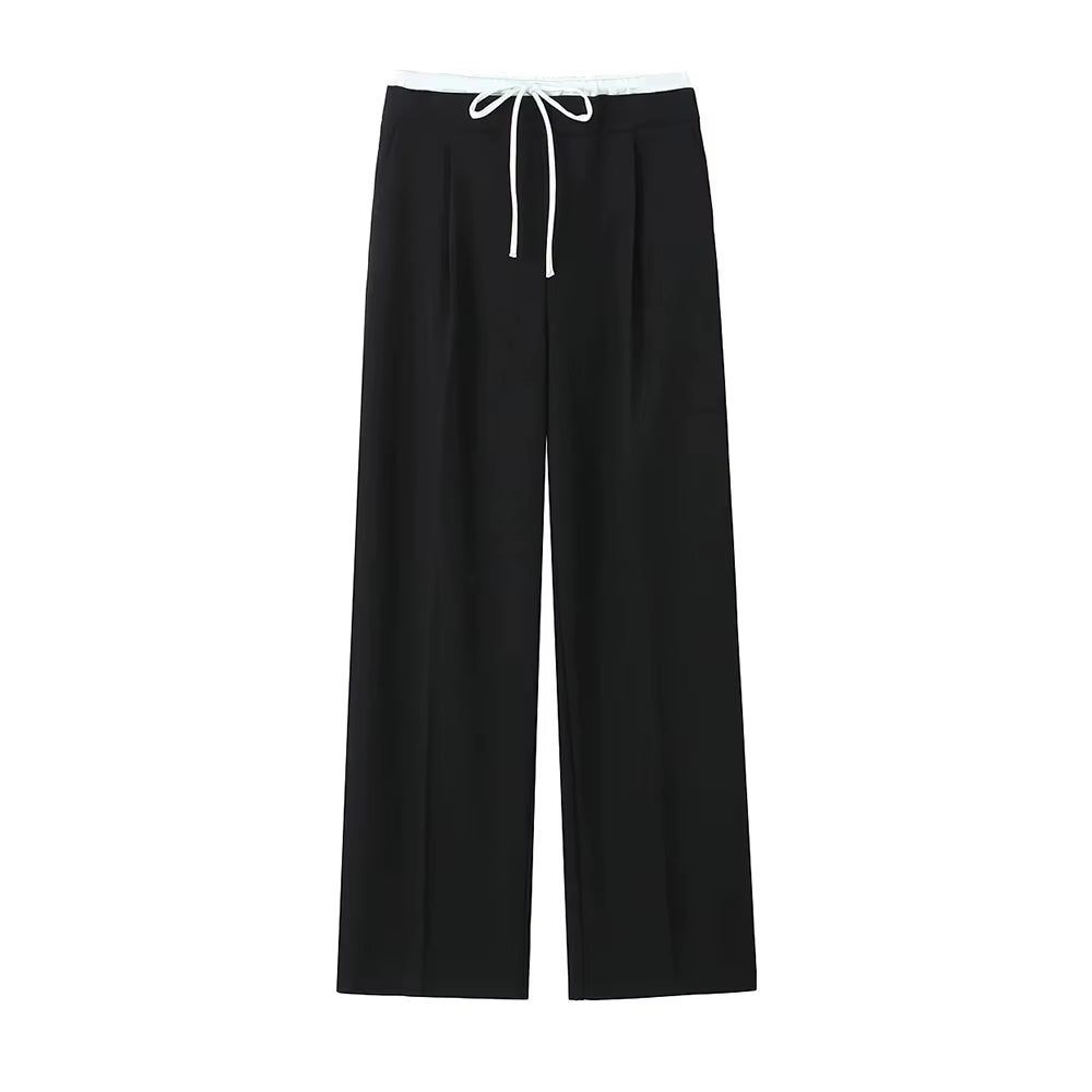 -Women'S Double Waistband Wide Leg Pants, High Elastic Waist with Drawstring, Side Pockets, Female Trousers, Chic Fashion