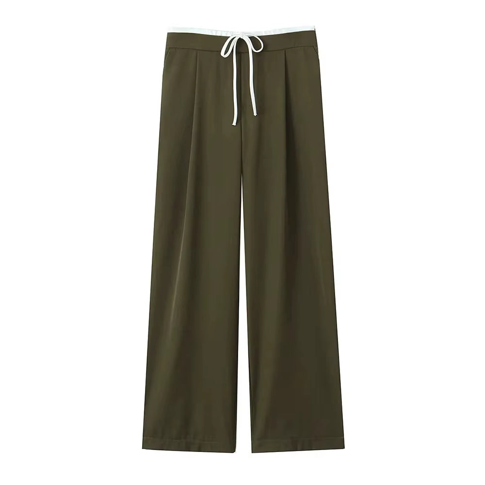 -Women'S Double Waistband Wide Leg Pants, High Elastic Waist with Drawstring, Side Pockets, Female Trousers, Chic Fashion