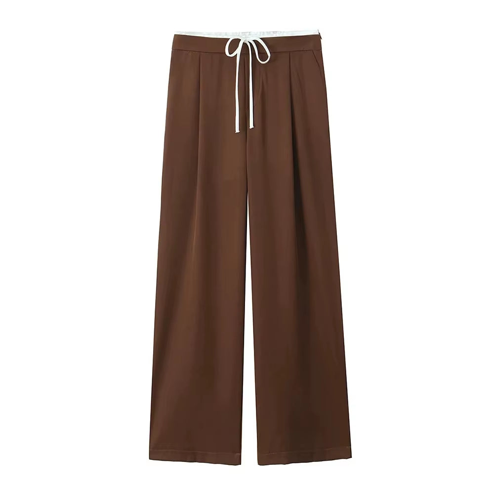 -Women'S Double Waistband Wide Leg Pants, High Elastic Waist with Drawstring, Side Pockets, Female Trousers, Chic Fashion