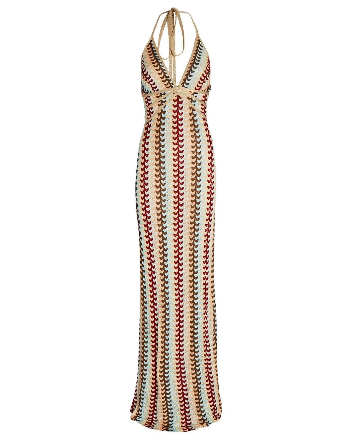 Sexy Deep V-Neck Crochet Halter Long Dresses Elegant High Waist Sleeveless Backless Vestidos 2024 Summer Lady Party Vestidos