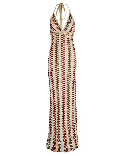 Sexy Deep V-Neck Crochet Halter Long Dresses Elegant High Waist Sleeveless Backless Vestidos 2024 Summer Lady Party Vestidos