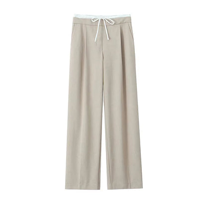 -Women'S Double Waistband Wide Leg Pants, High Elastic Waist with Drawstring, Side Pockets, Female Trousers, Chic Fashion