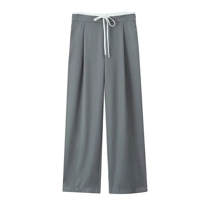 -Women'S Double Waistband Wide Leg Pants, High Elastic Waist with Drawstring, Side Pockets, Female Trousers, Chic Fashion