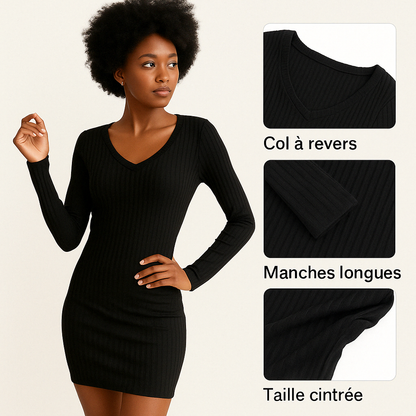 Robe courte décontractée, manches longues & col en V