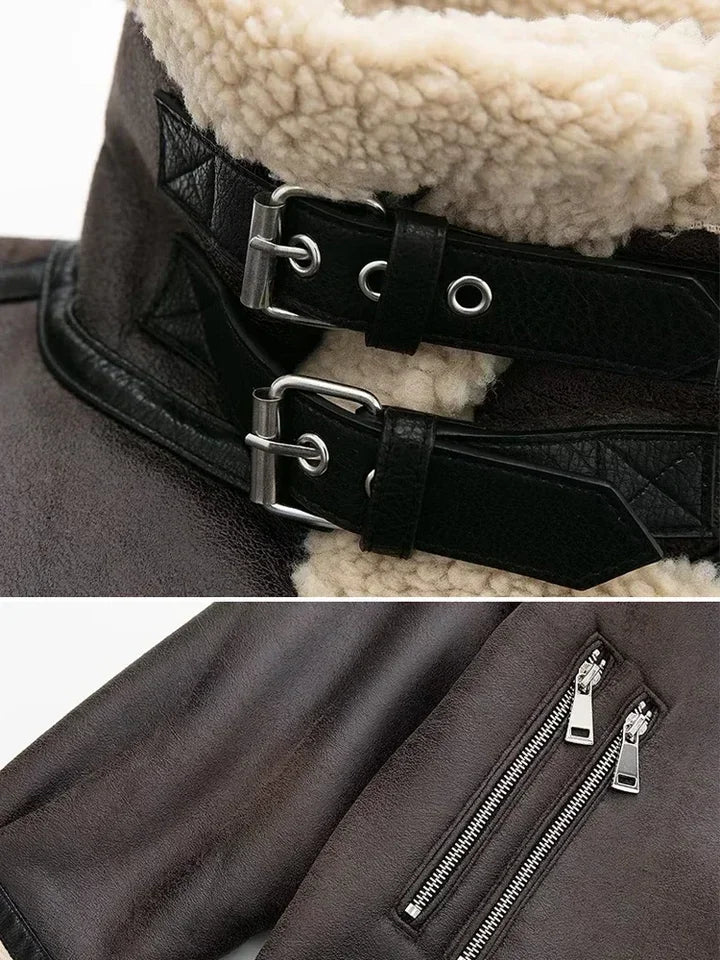 Veste Chaude en Fourrure, Mode Motard