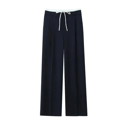 -Women'S Double Waistband Wide Leg Pants, High Elastic Waist with Drawstring, Side Pockets, Female Trousers, Chic Fashion
