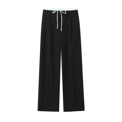 -Women'S Double Waistband Wide Leg Pants, High Elastic Waist with Drawstring, Side Pockets, Female Trousers, Chic Fashion