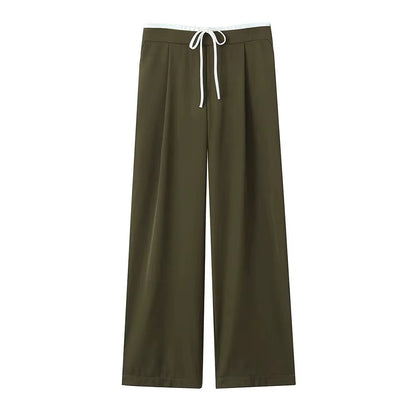 -Women'S Double Waistband Wide Leg Pants, High Elastic Waist with Drawstring, Side Pockets, Female Trousers, Chic Fashion